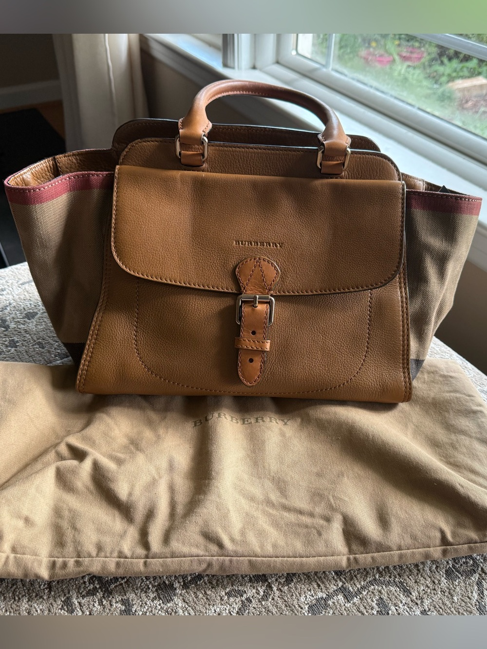 Burberry Brown Leather Buckle-Front Top-Handle Briefcase with Canvas Sides